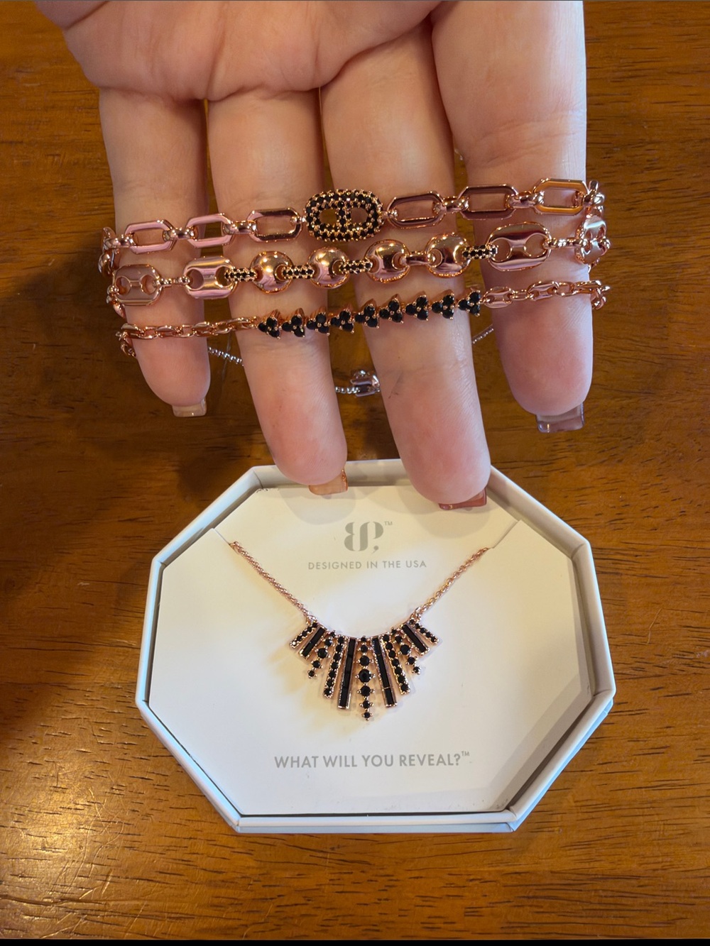 Rose Gold Necklace and Bracelet with Black Crystal Accents